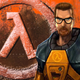 Gordon Freeman in his HEV suit stands in front of the Half-Life logo.